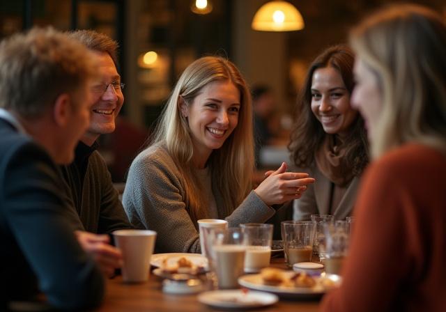 Gjester som smiler og koser seg på kafeen.